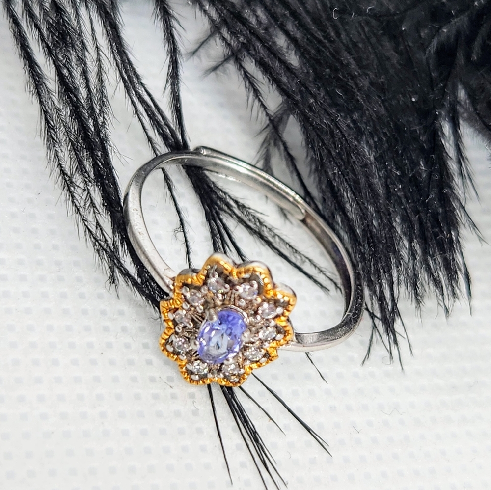 925 Sterling Silver Natural Blue Purplish Tanzanite Zirconia Diamonds Ring - Picture 3 of 10
